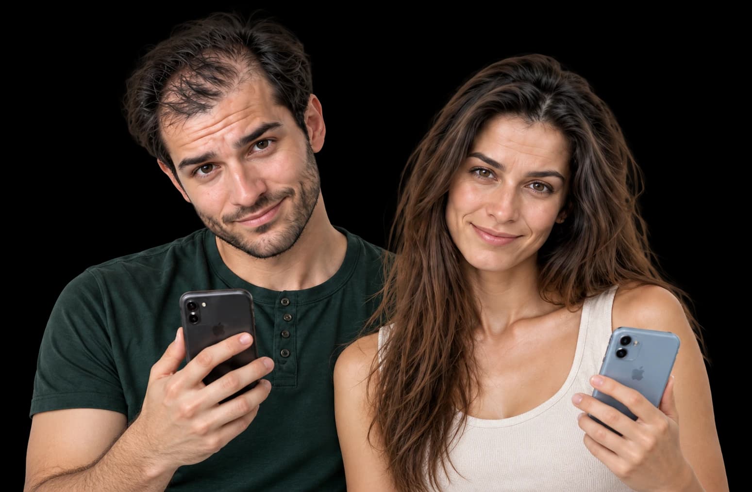 Pareja sujetando sus móviles, lista para subir sus fotos